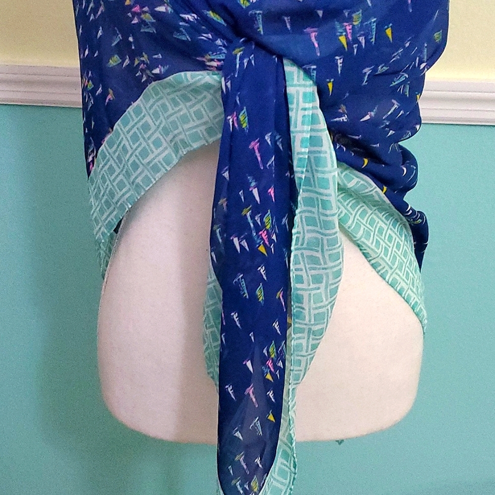 Liz Claiborne Blue & Teal Sailboats Print Square Scarf - Picture 5 of 6
